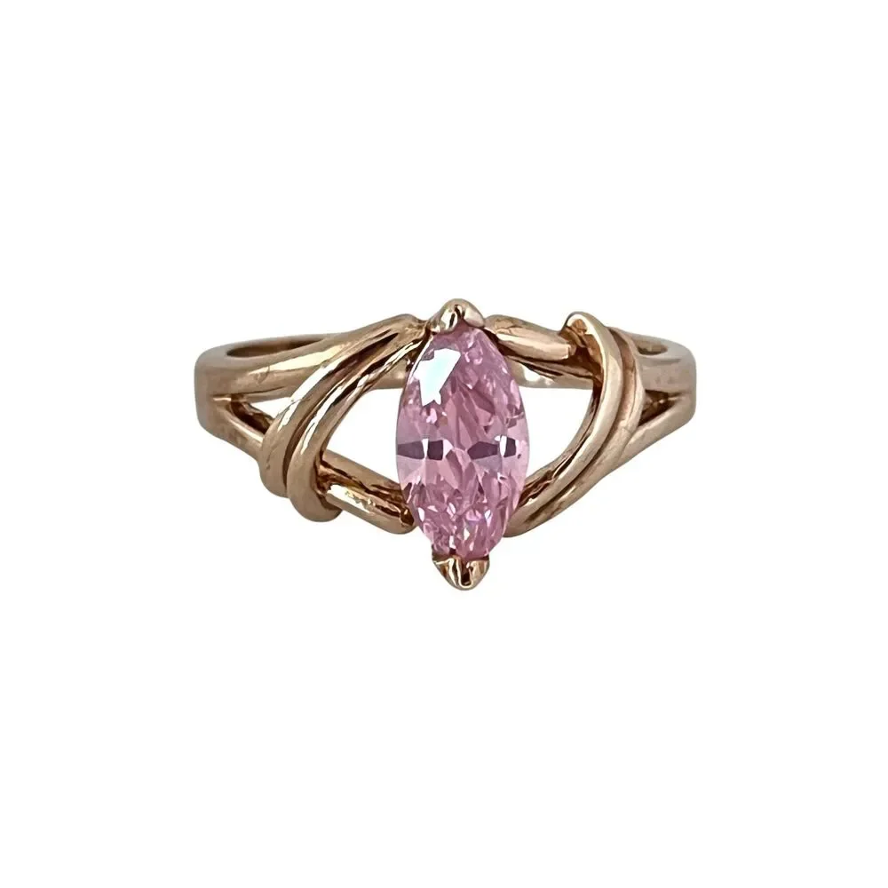 Vintage 1980s Pink CZ Marquise Ring Size 9 14KTGE Gold Plate - 14D